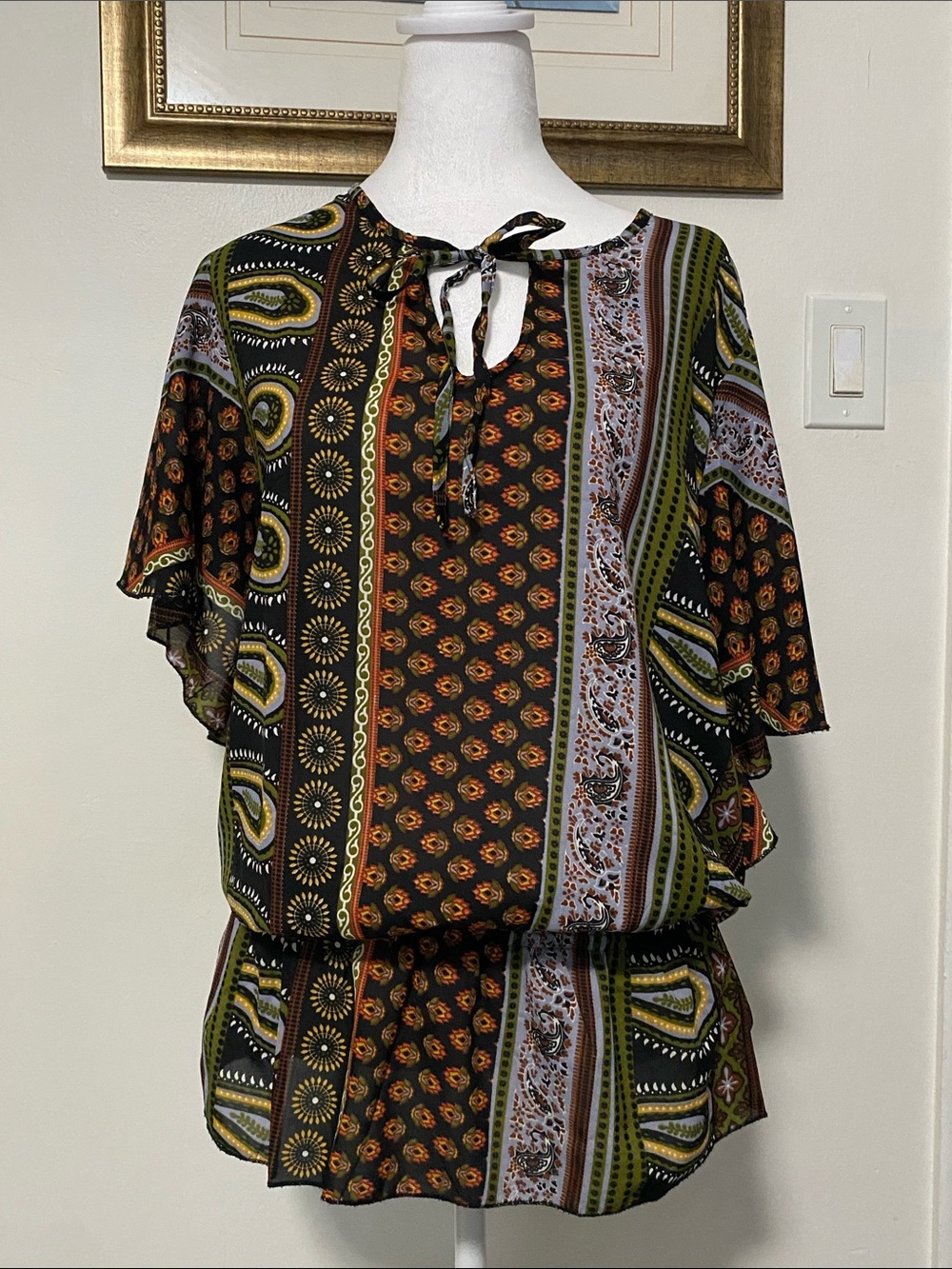 ELAN -Neck Boho Blouse in Black, Olive & Rust
